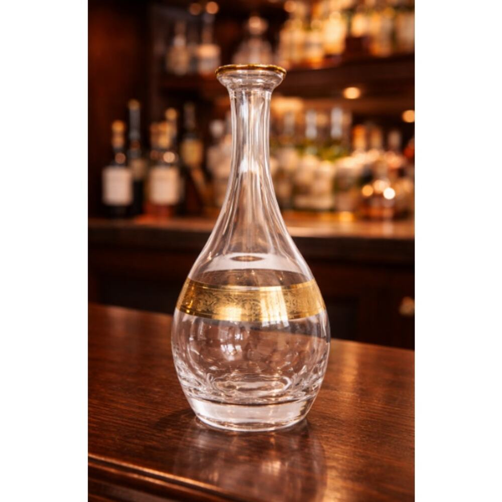 Vintage Gold Banded Glass Decanter | Elegant Barware | 11” Tall